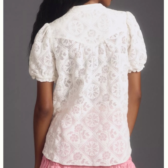 Pilcro by Anthropologie The Aly Puff-Sleeve Sheer Blouse Off White Size LP - Picture 3 of 8